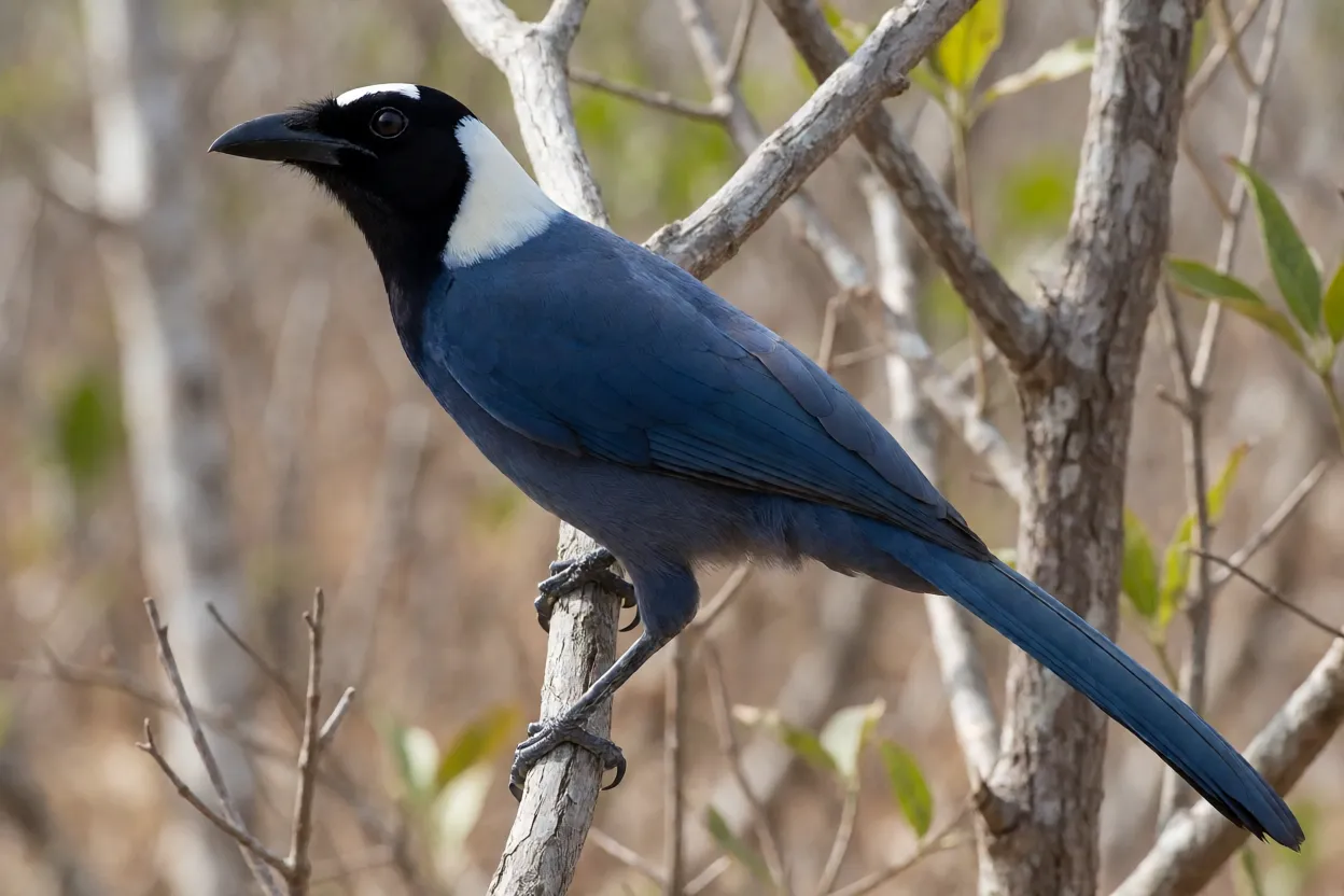 Pega Cyanocorax cyanopogon empoleirada em galho seco na Caatinga, corpo inteiro