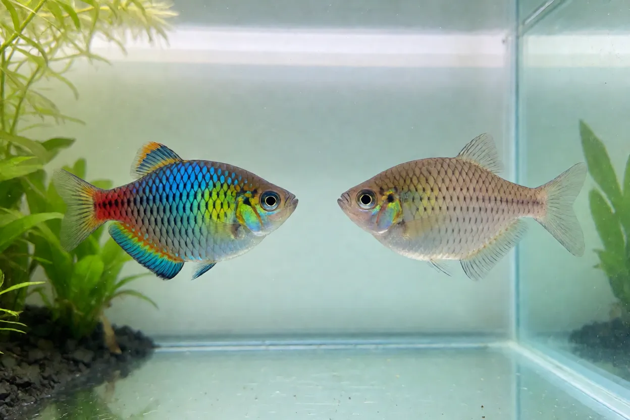 Macho e fêmea de peixe-arco-íris-australiano lado a lado mostrando dimorfismo