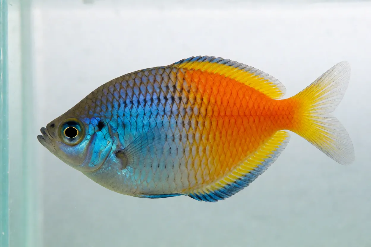 Peixe-arco-íris-boesemani Peixe-arco-íris-boesemani macho adulto de lado mostrando corpo bicolor azul e laranja