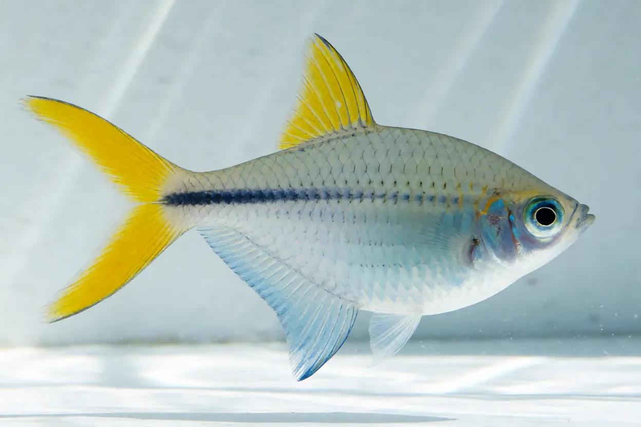 Peixe-arco-íris-de-cauda-bifurcada Peixe-arco-íris-de-cauda-bifurcada de lado mostrando corpo azul-prateado e cauda amarela bifurcada