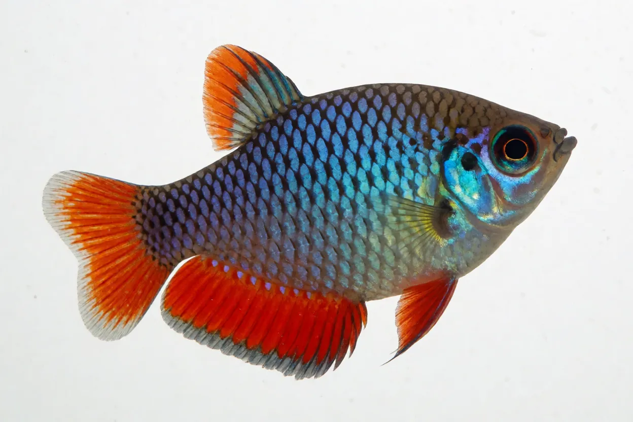 Peixe-arco-íris-neon Peixe-arco-íris-neon de lado mostrando corpo azul neon e nadadeiras vermelhas