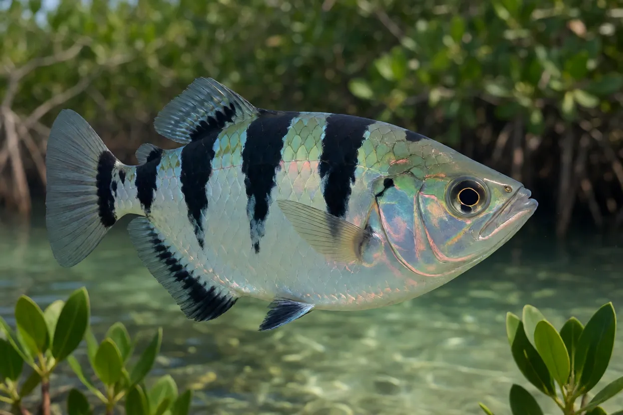 Peixe-arqueiro Toxotes jaculatrix de lado mostrando manchas pretas verticais
