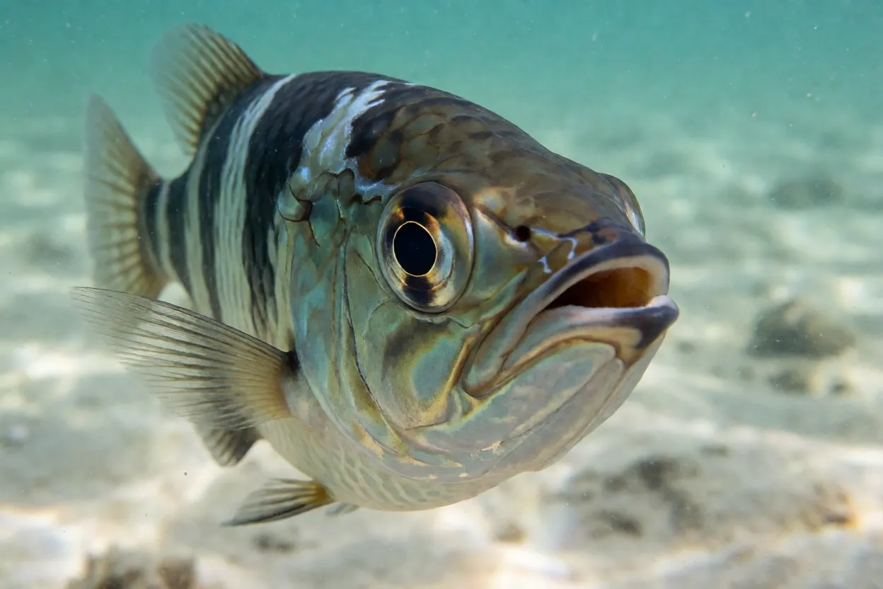 Close-up da cabeça do peixe-arqueiro mostrando boca e olhos grandes