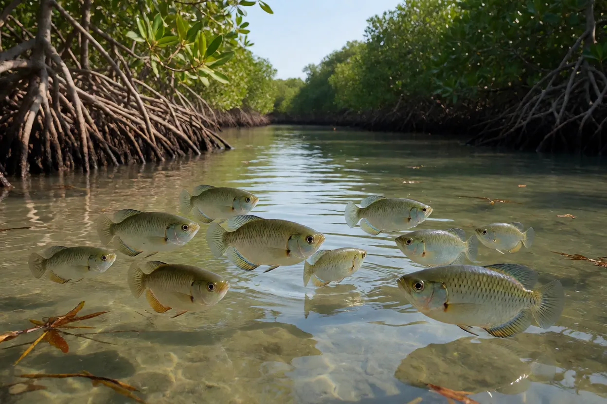 Grupo de peixes-arqueiros nadando juntos perto da superfície