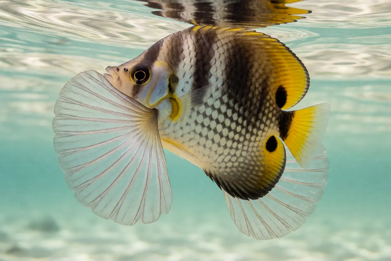 Peixe-borboleta africano Pantodon buchholzi visto de lado logo abaixo da superfície