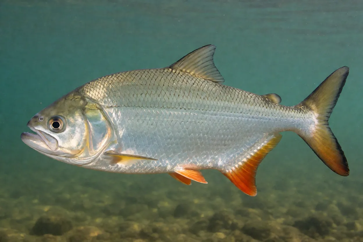 Peixe-cachorro Hydrolycus scomberoides de perfil na água clara mostrando corpo prateado e caninos longos