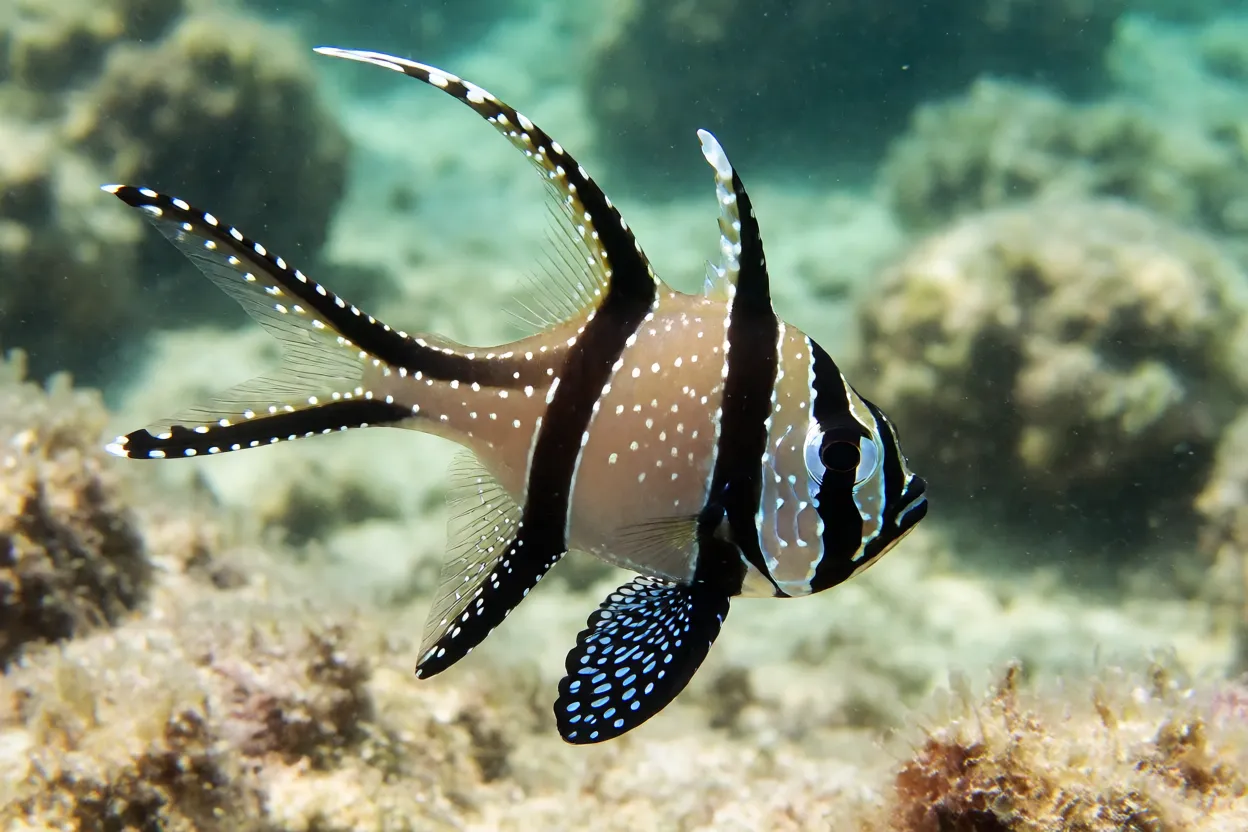 Peixe-cardeal-de-bangai de lado mostrando listras pretas e pintas brancas