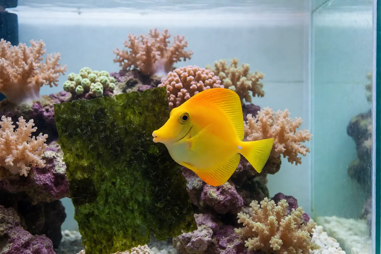 Peixe-cirurgião-amarelo se alimentando de alga nori em clipe no aquário