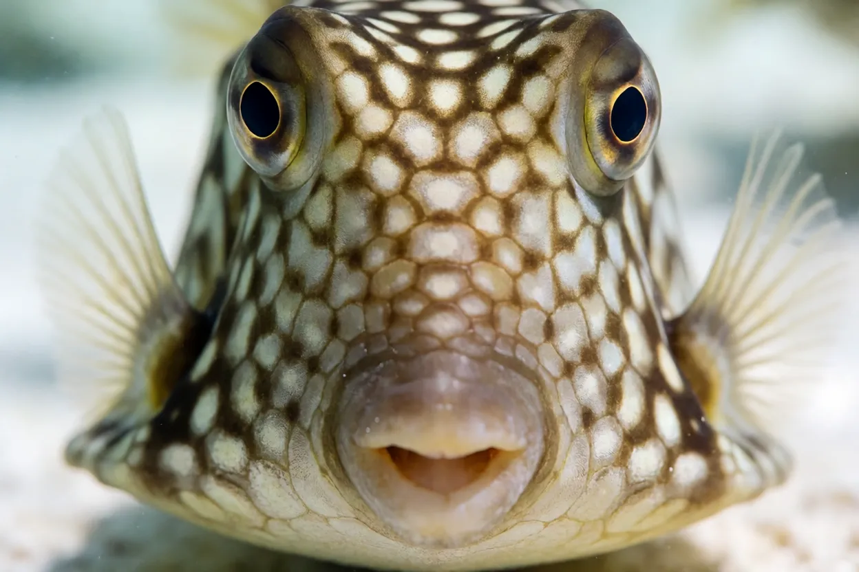 Close-up da cabeça do peixe-cofre mostrando boca pequena e placas hexagonais