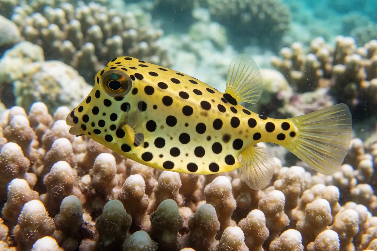 Peixe-cofre-amarelo juvenil amarelo com pintas pretas nadando sobre recife