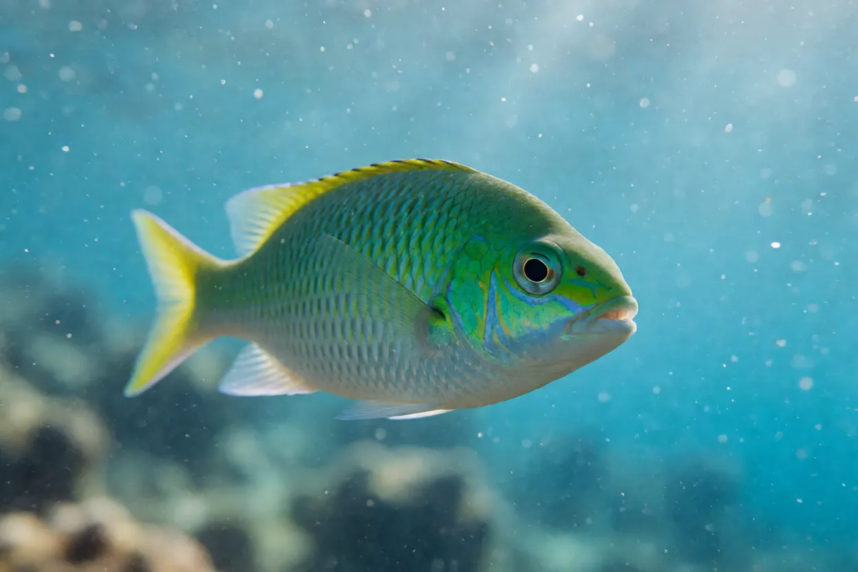 Peixe-cromis-verde se alimentando de zooplâncton na coluna d'água