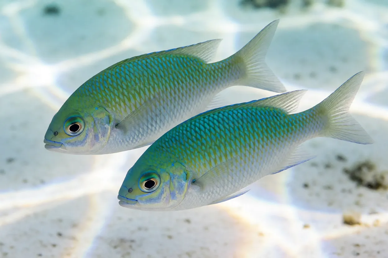 Dois peixes-cromis-verde lado a lado mostrando variação de cor prateada e verde-azulada