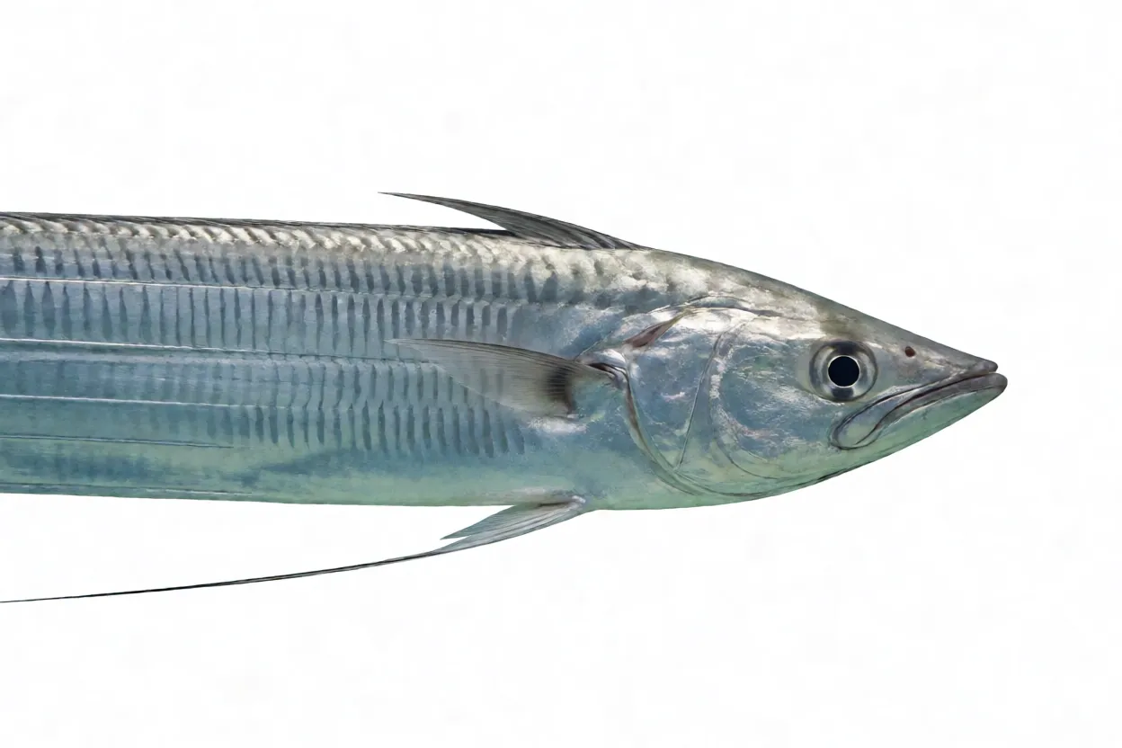 Peixe-espada Trichiurus lepturus de corpo em fita prateado em vista lateral