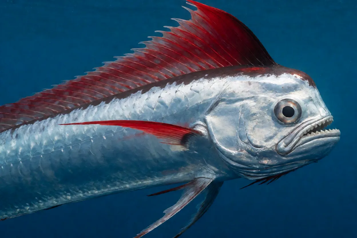 Peixe-fita Regalecus glesne de corpo prateado em forma de fita visto de lado