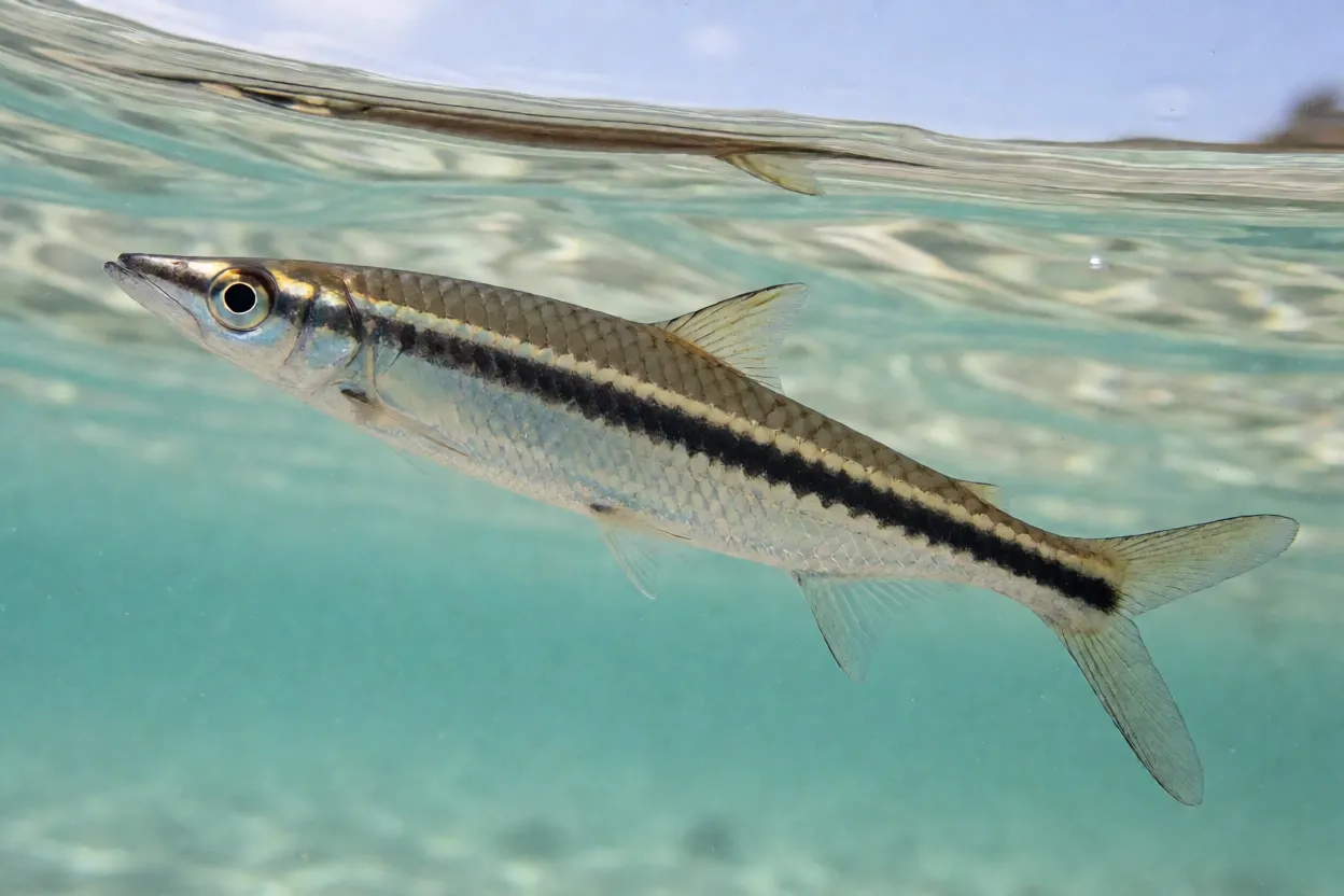 Peixe-flecha Ctenolucius hujeta de perfil mostrando corpo em forma de flecha e bico alongado