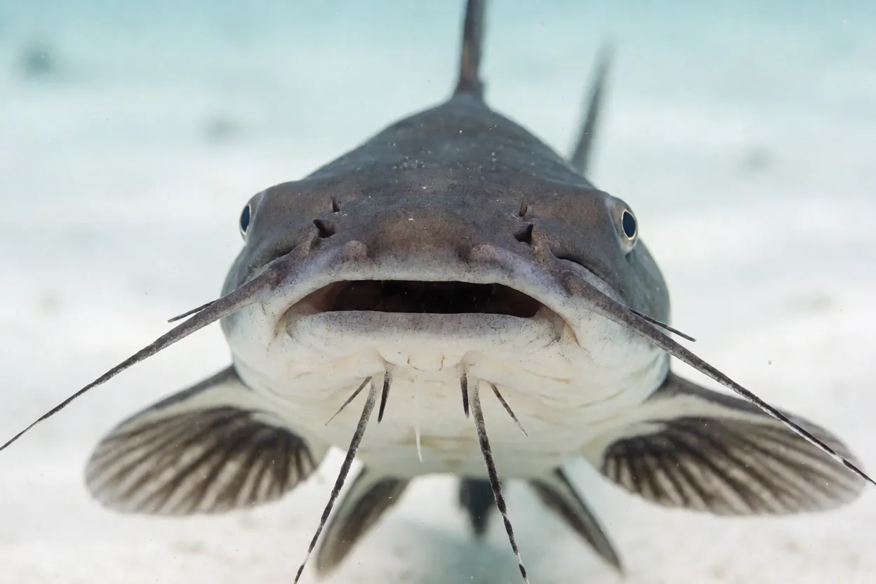 Close-up da cabeça do peixe-gato-colombiano mostrando barbilhões e espinho dorsal