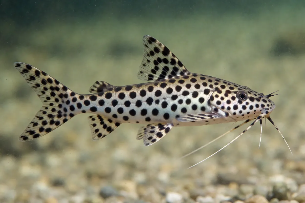 Peixe-gato-pictus de lado mostrando corpo prateado com pintas pretas e barbilhões longos