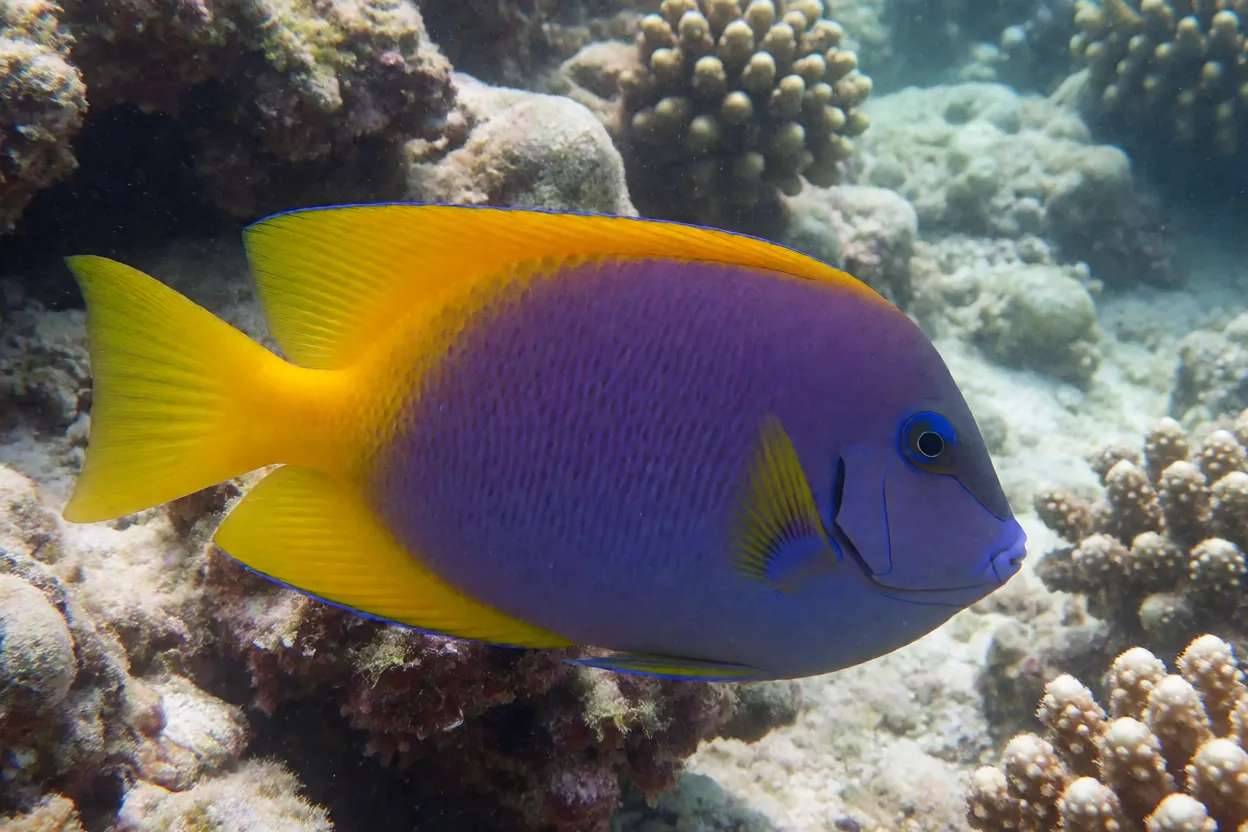 Peixe-grama brasileiro de lado mostrando coloração roxa e amarela