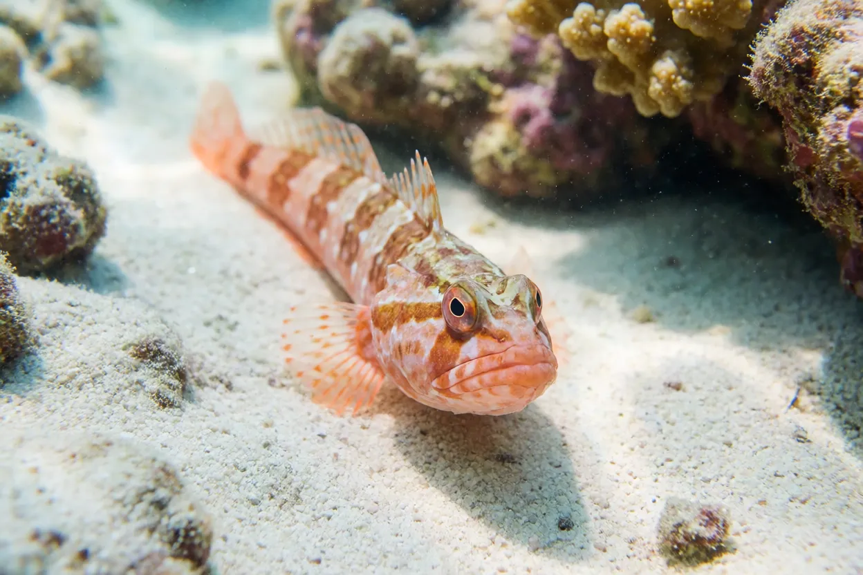 Peixe-lagarto sobre fundo arenoso próximo a recife de coral