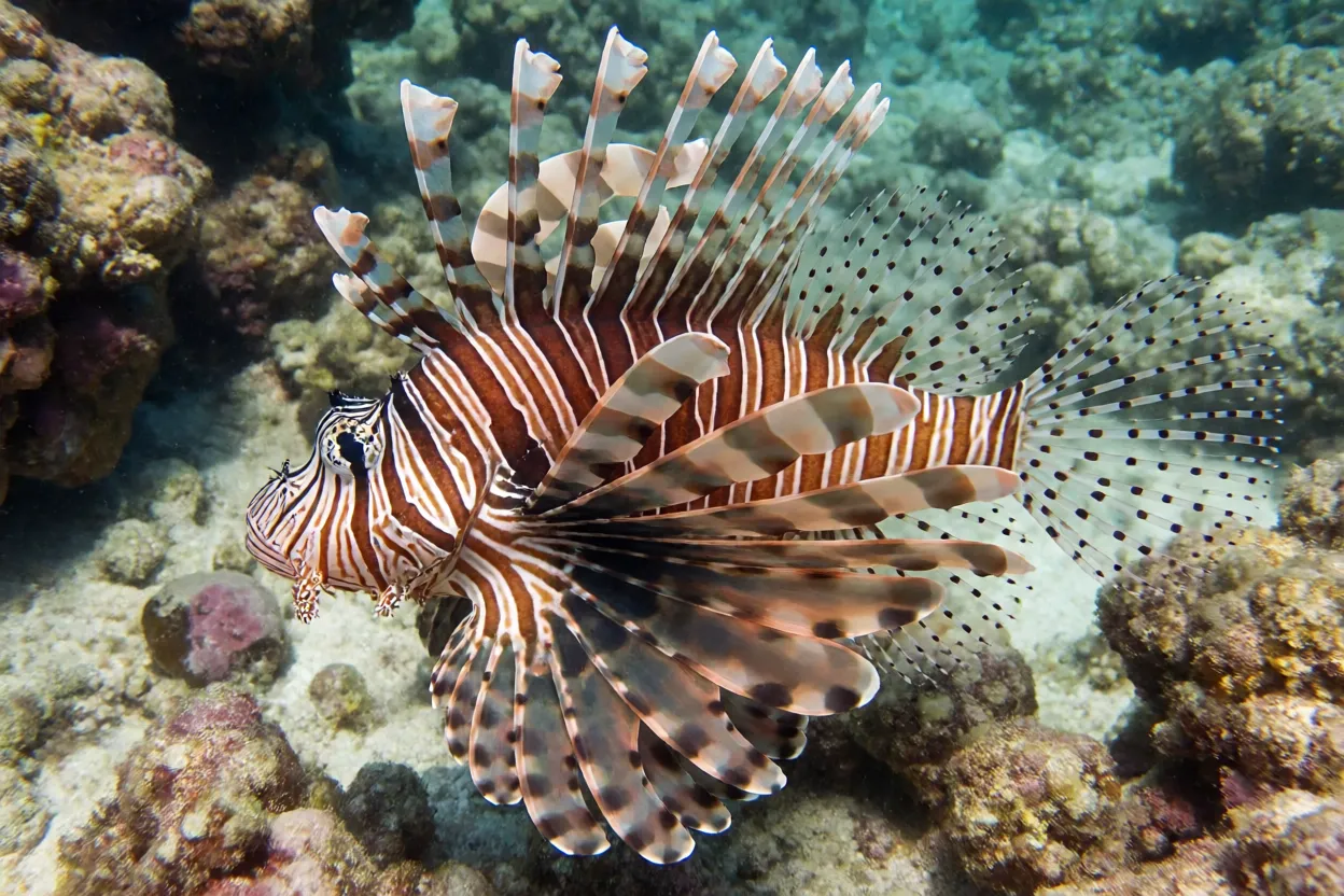 Peixe-leão de lado mostrando listras vermelhas e nadadeiras em leque