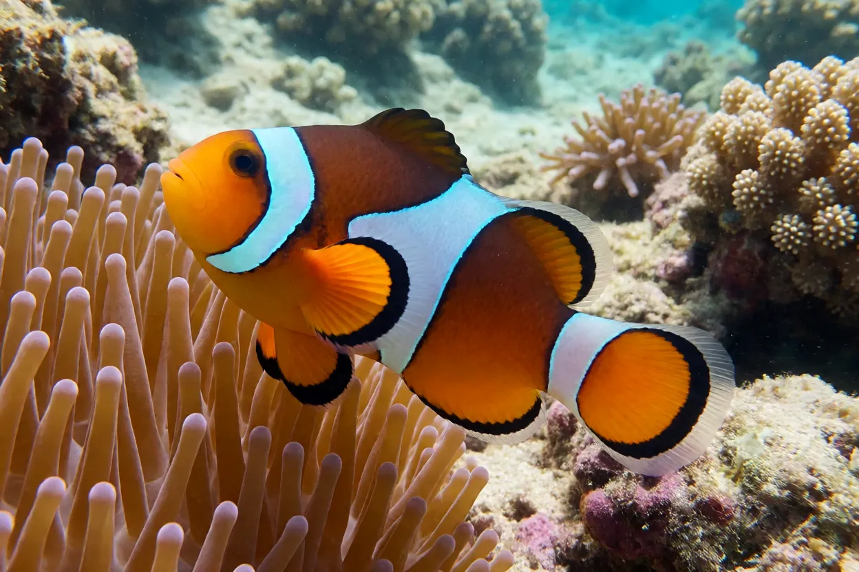 Peixe-palhaço Amphiprion ocellaris de lado com três faixas brancas nadando próximo a anêmona