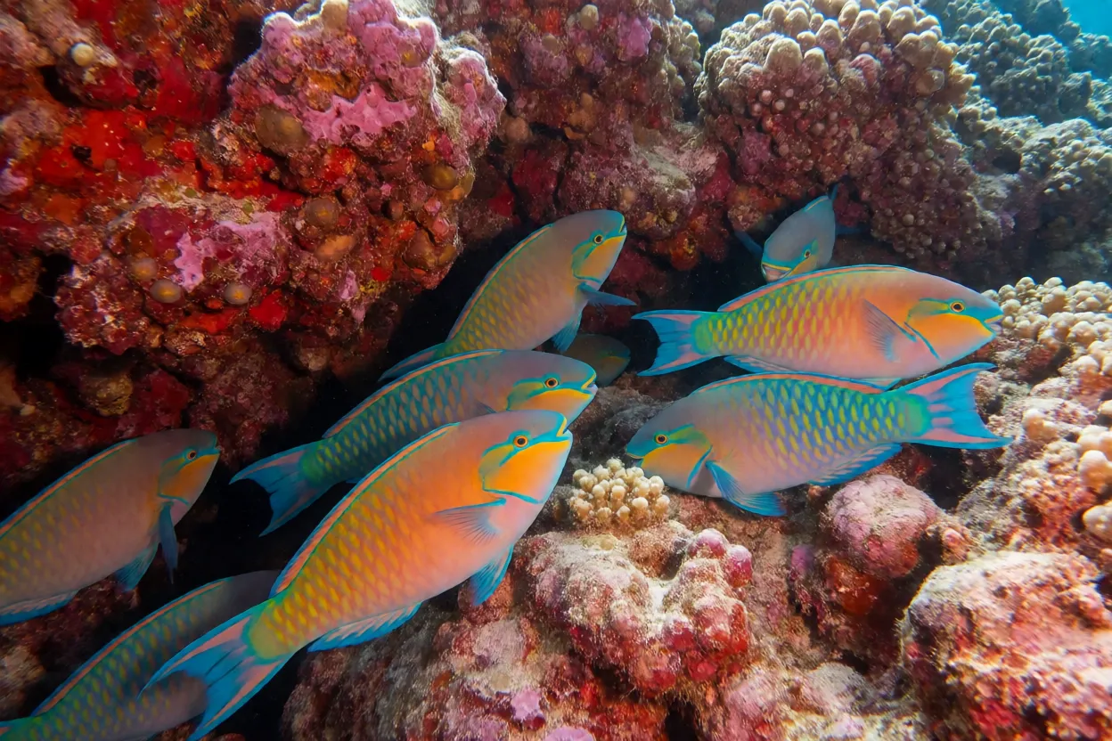 Cardume de peixes-papagaio pastando algas no recife de coral