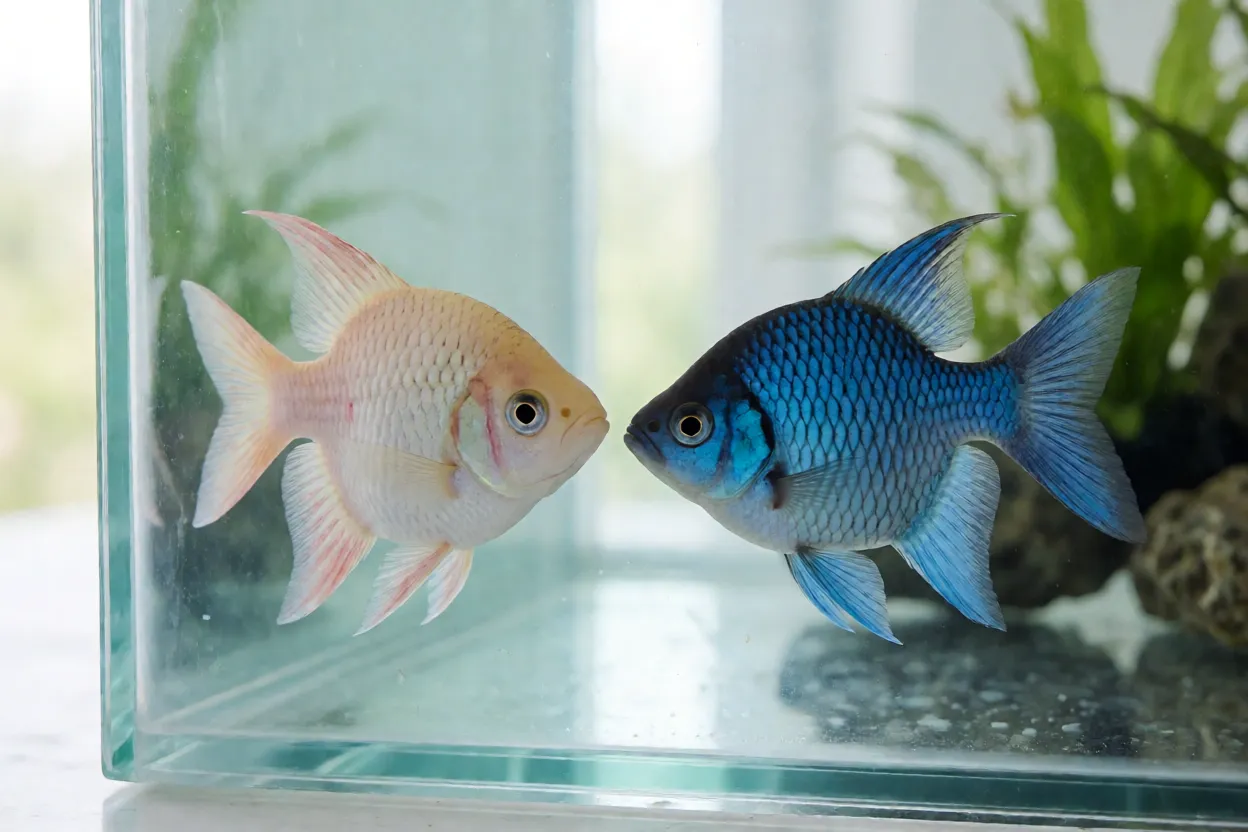 Variações de cor do peixe-paraíso, albino e azul
