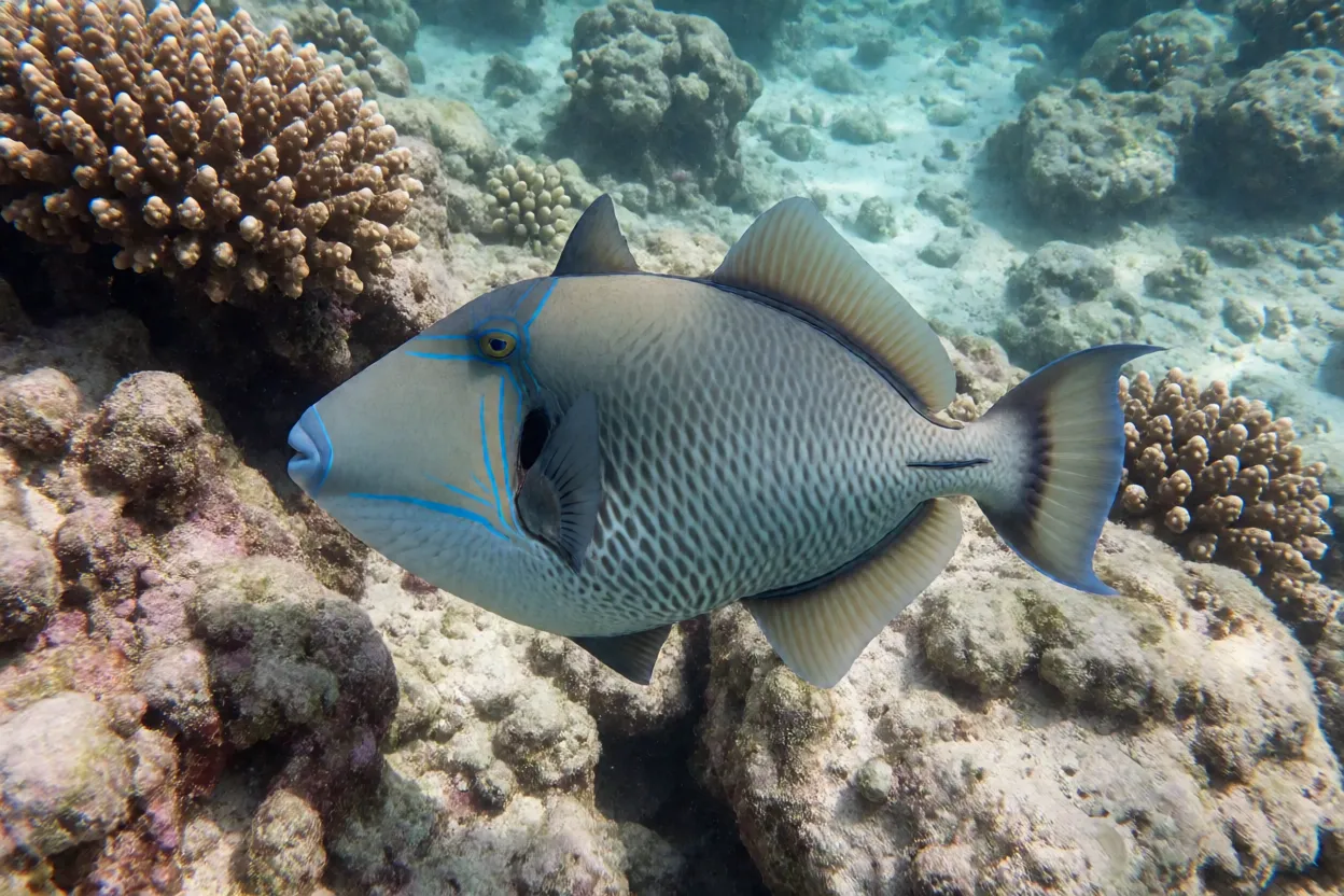 Peixe-porco Balistes capriscus de lado nadando próximo a recife rochoso