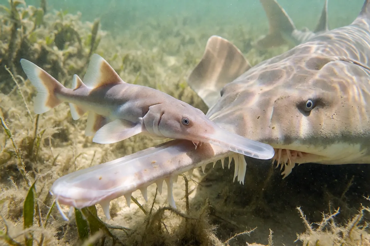 Filhotes de peixe-serra nadando em estuário raso