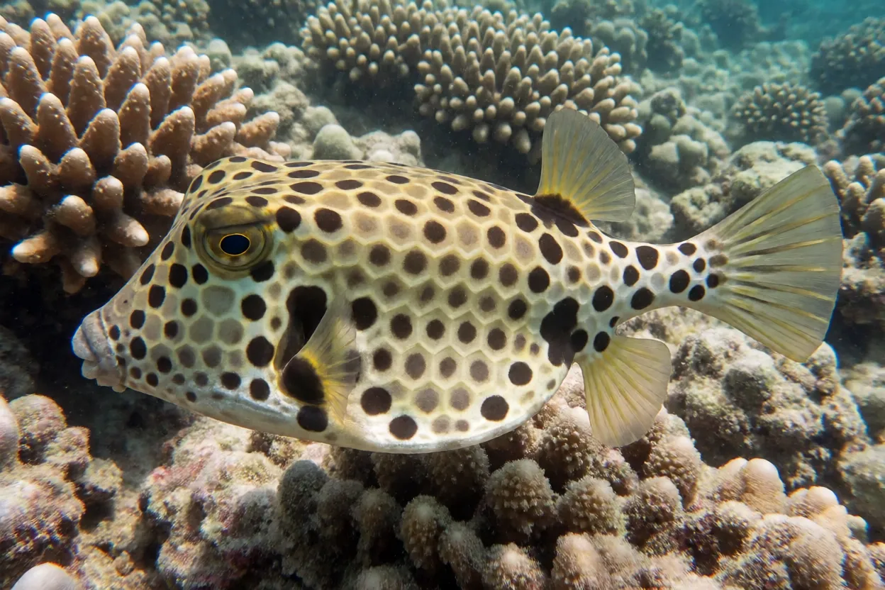 Peixe-vaca Lactophrys trigonus de perfil mostrando carapaça hexagonal e manchas escuras