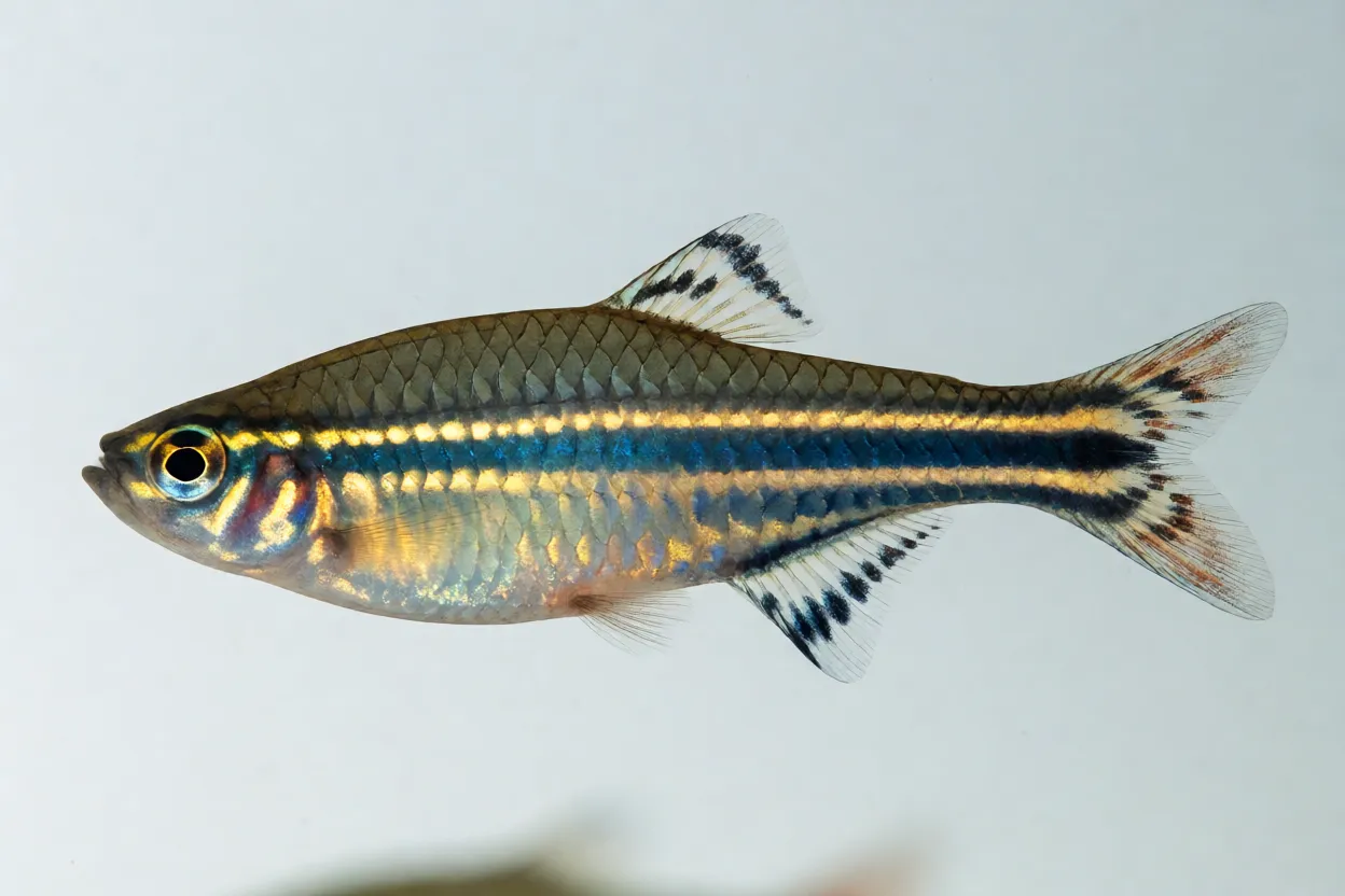 Peixe-zebra adulto visto de lado mostrando listras azuis horizontais
