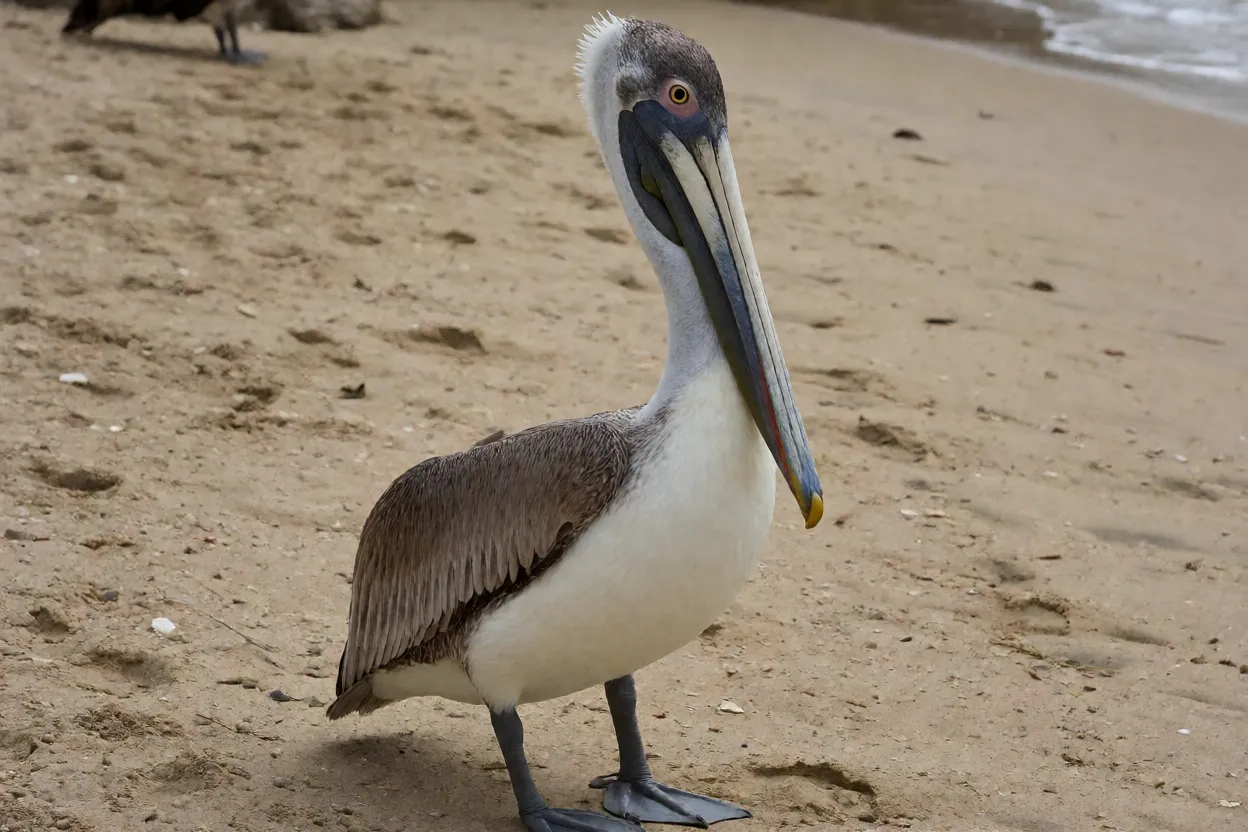 Pelicano de corpo inteiro em pé na areia da praia com bico longo e bolsa gular visível