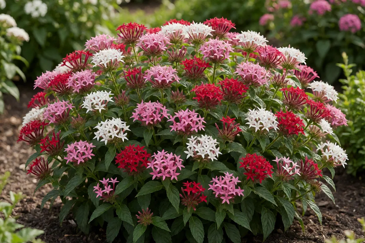 Pentas lanceolata florida em canteiro de jardim com cachos estrelados