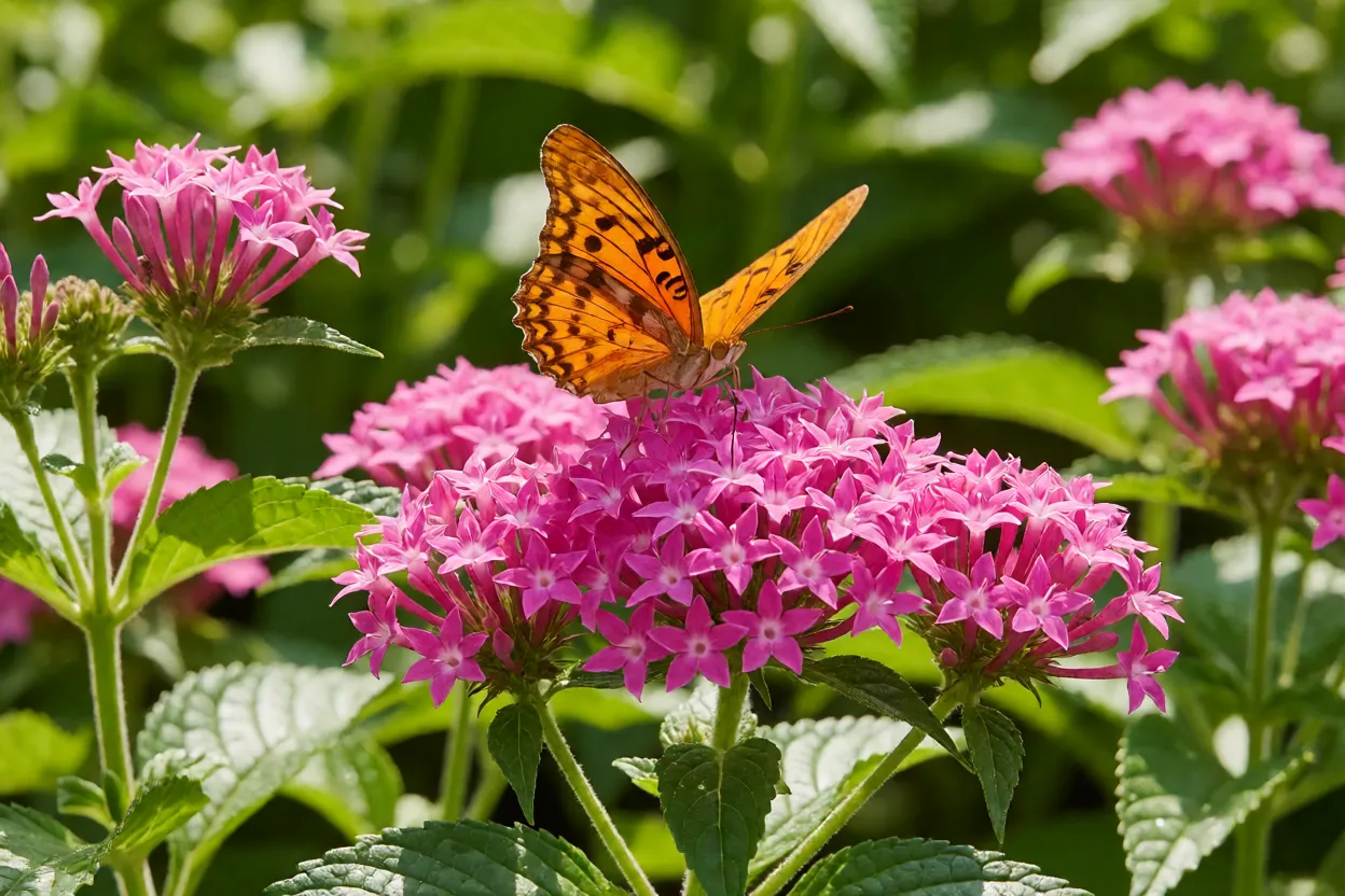 Borboleta pousada em um cacho de pentas rosa