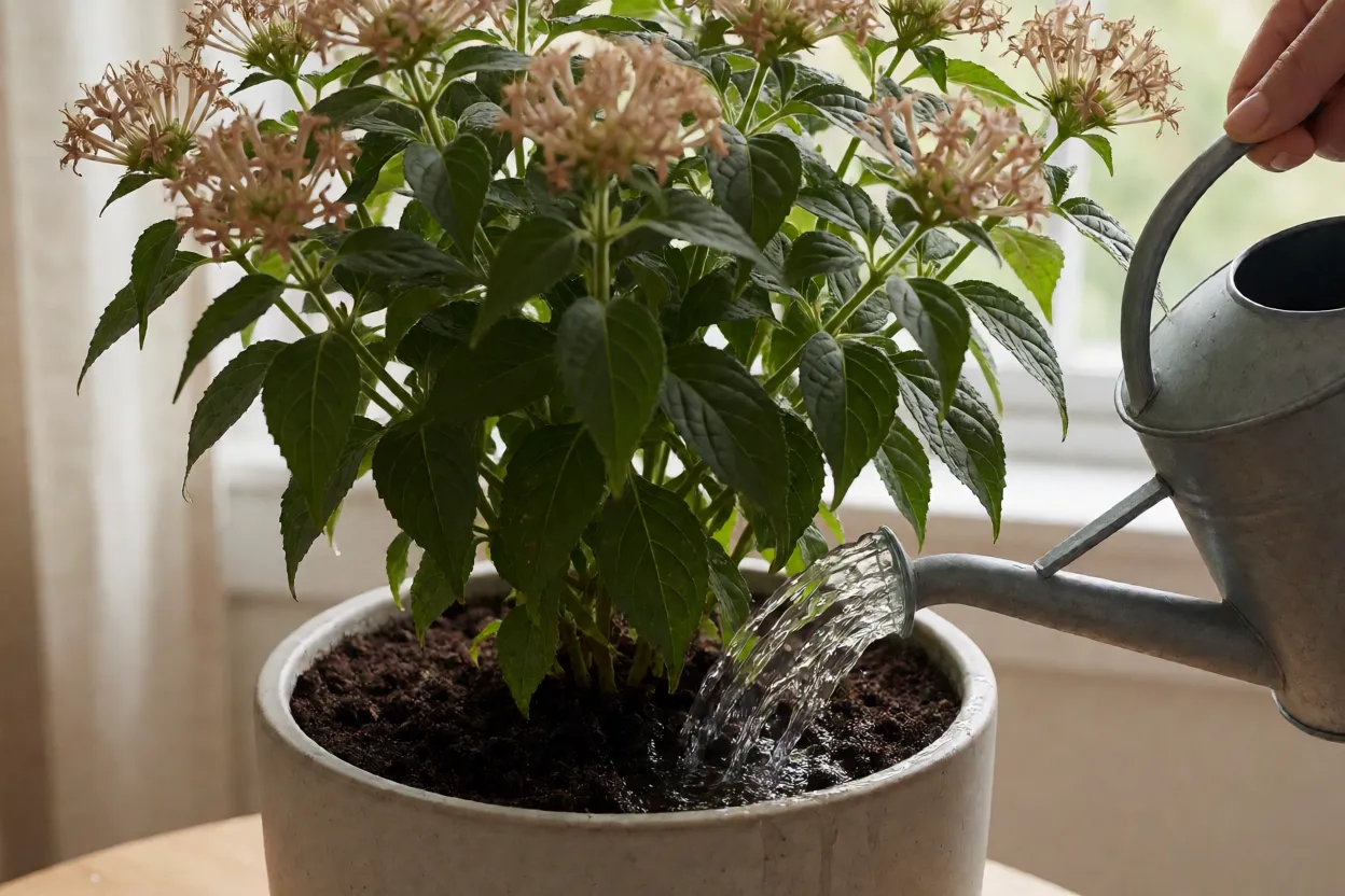 Rega na base de uma pentas em vaso sem molhar as flores