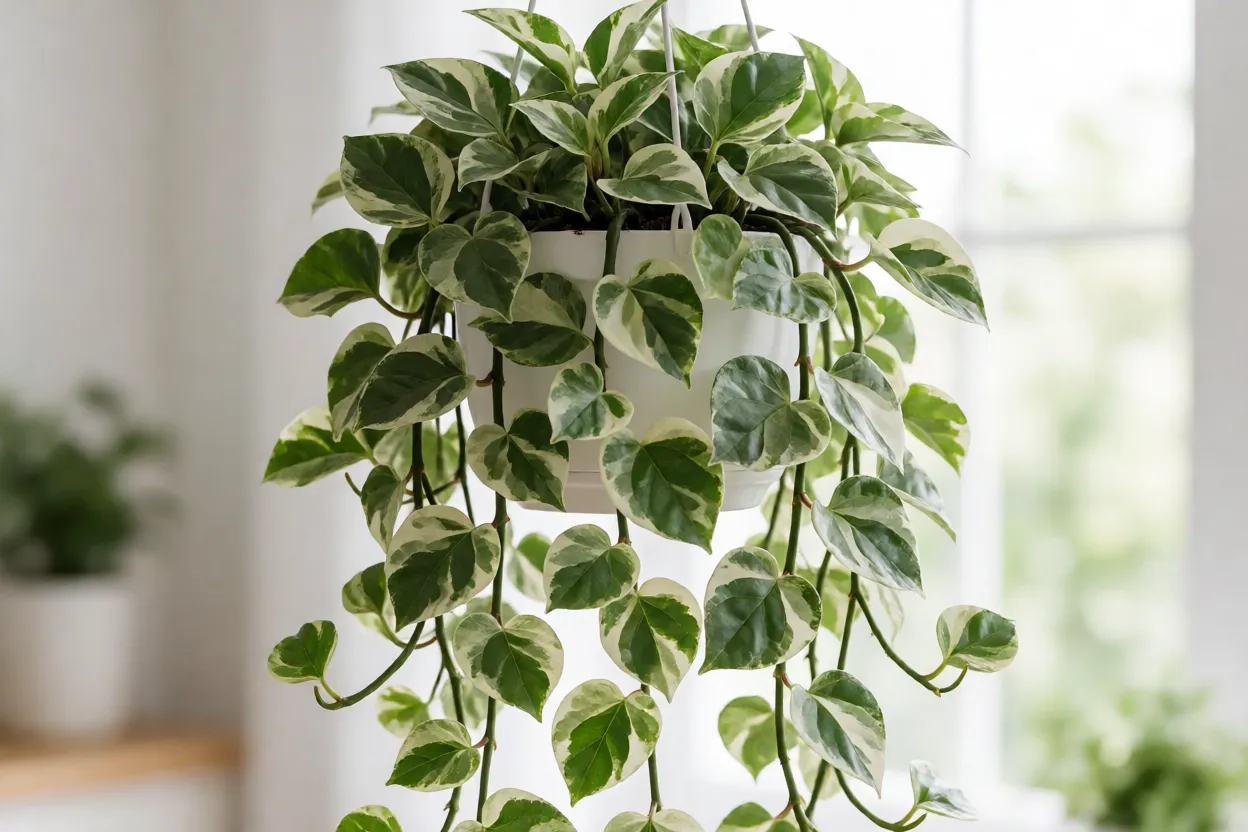 Peperômia-filodendro variegata pendente em vaso suspenso branco