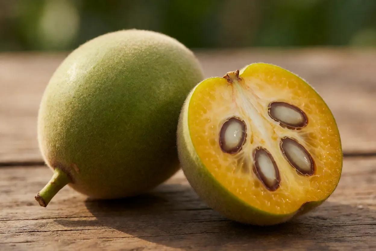 Pera-do-cerrado Frutos de pera-do-cerrado inteiros e cortado ao meio mostrando polpa amarelo-alaranjada