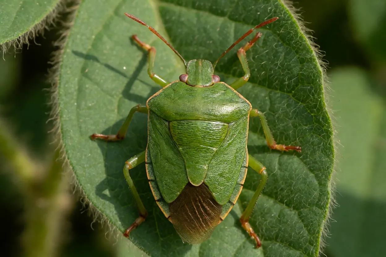 Percevejo-verde adulto verde em forma de escudo sobre folha de soja