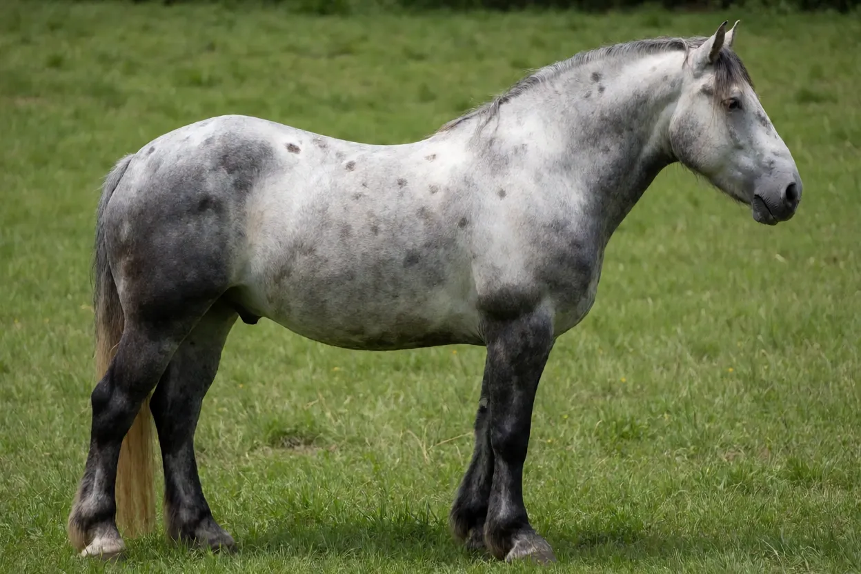 Cavalo Percheron adulto tordilho em perfil na pastagem