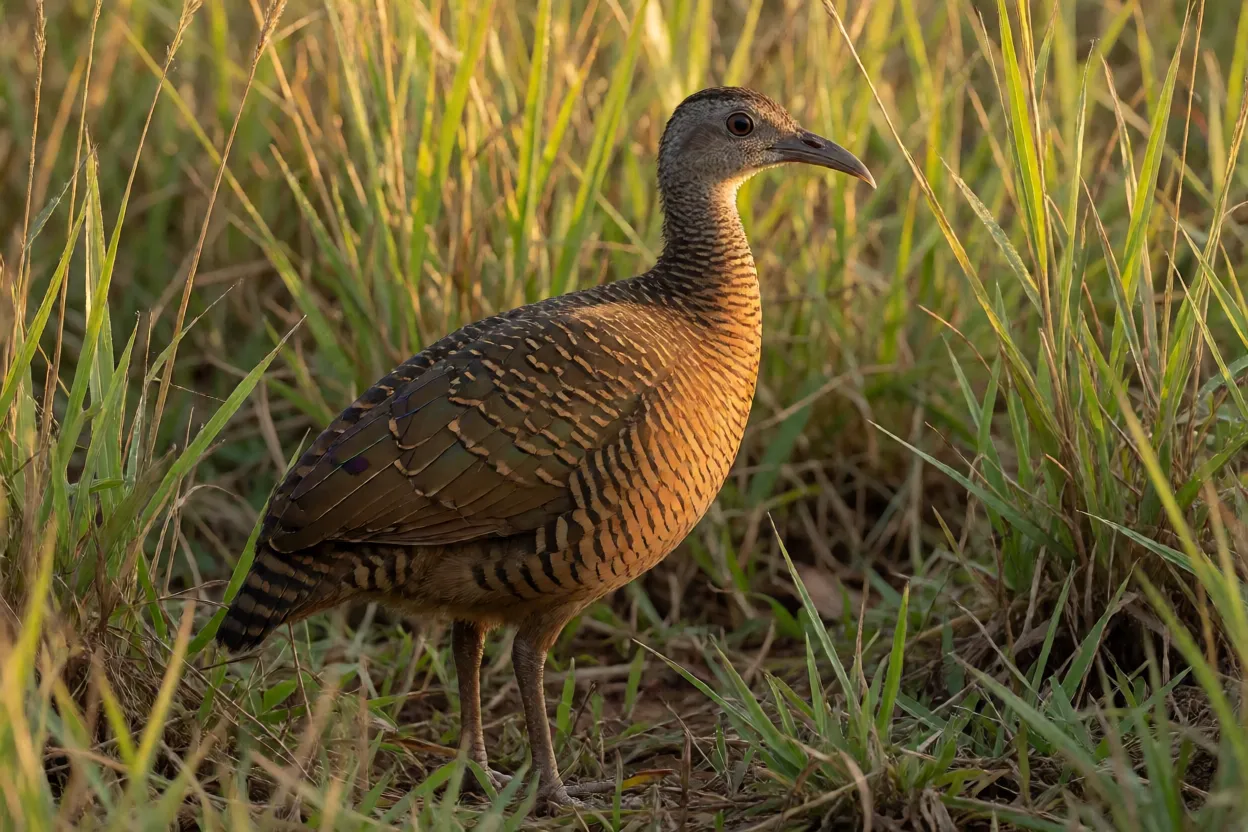 Perdiz-do-campo em pé no capim do Cerrado vista de corpo inteiro