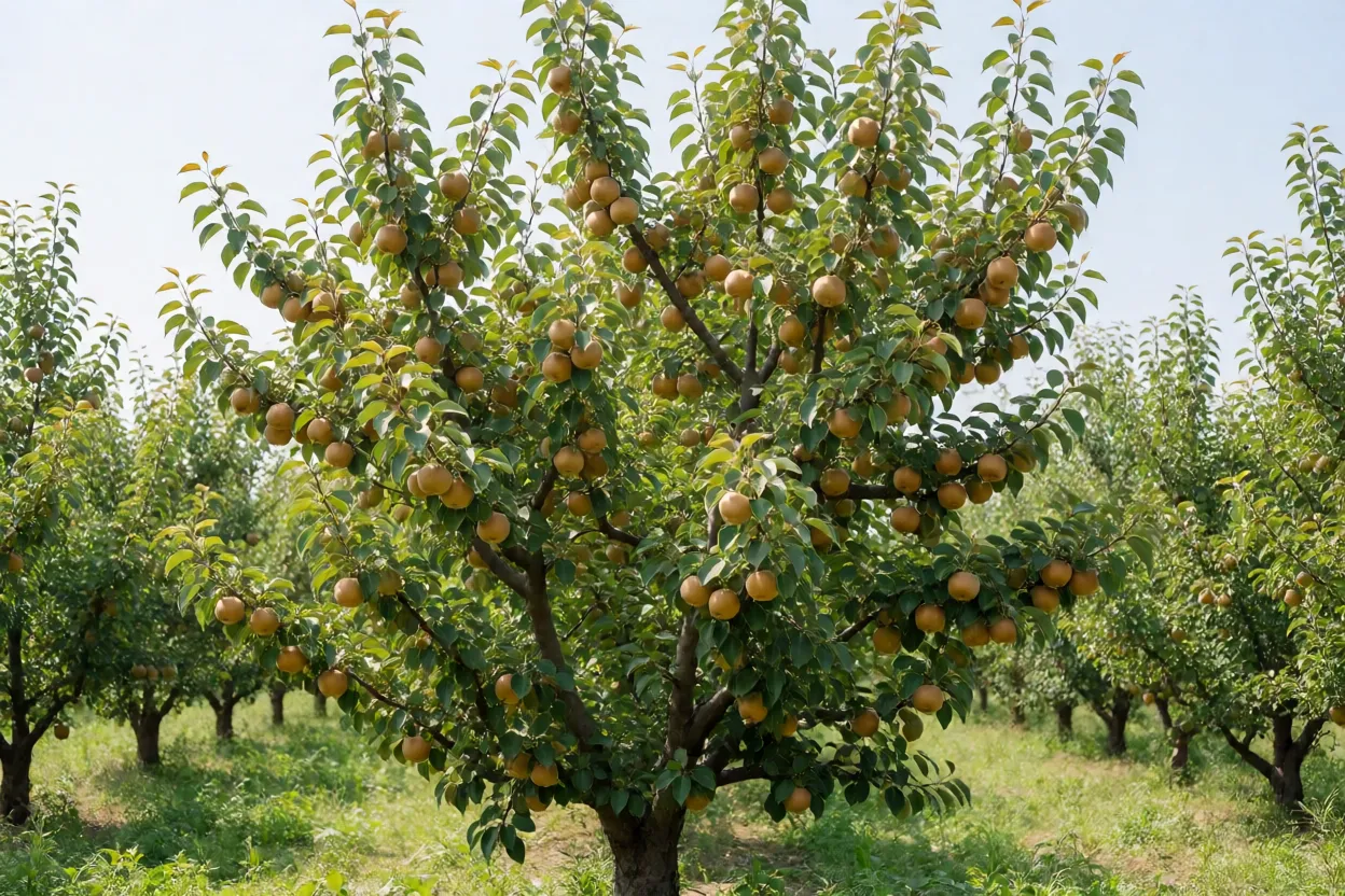 Pereira-asiática carregada de frutos redondos no pomar