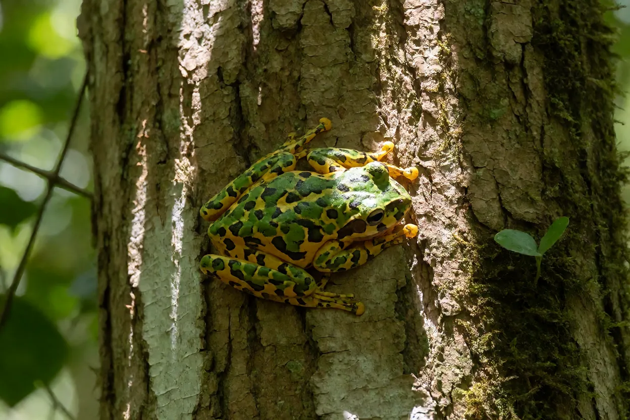 Perereca-da-mata camuflada em tronco durante o dia