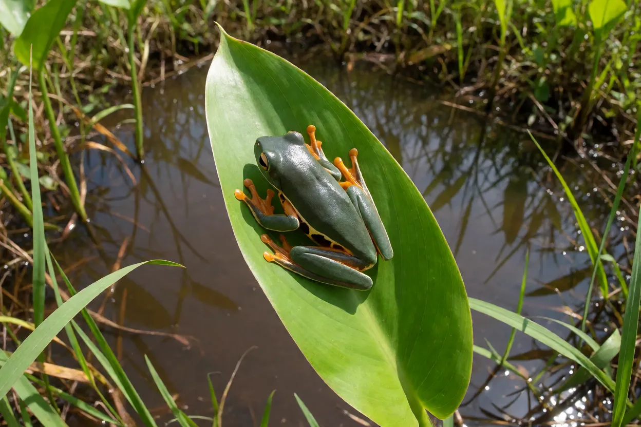 Perereca-verde adulta sobre folha verde em habitat natural de brejo
