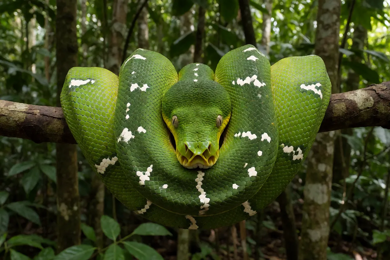 Periquitamboia adulta verde-esmeralda enrolada em galho na Amazônia