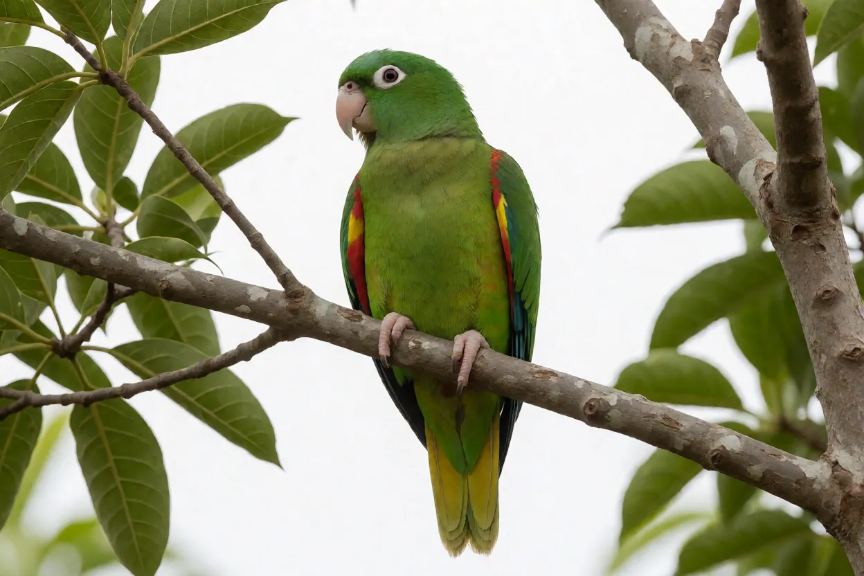 Periquitão-maracanã de corpo inteiro empoleirado em galho mostrando plumagem verde e anel ocular branco