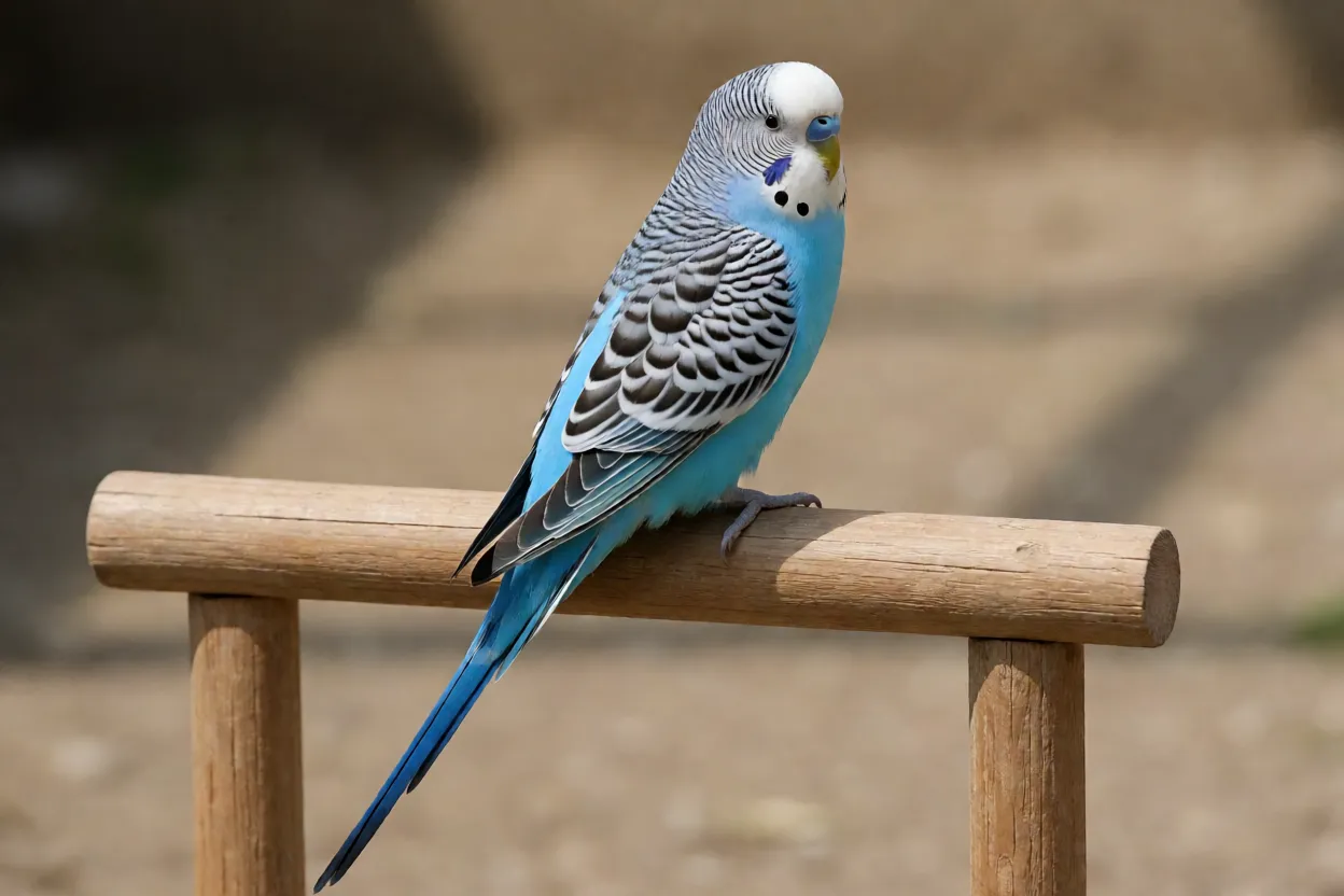 Periquito-australiano-azul de corpo inteiro empoleirado em poleiro de madeira