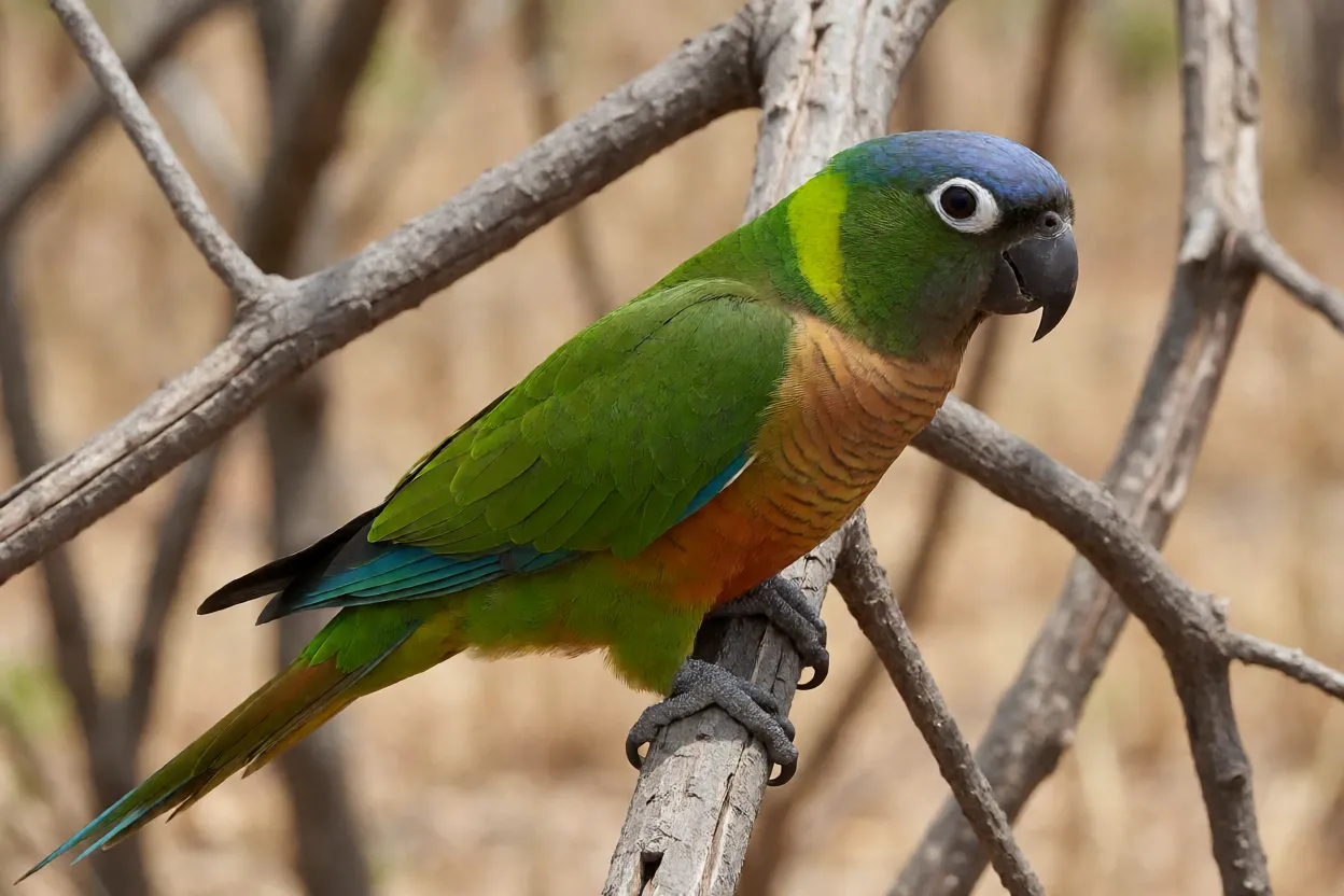 Periquito-da-caatinga pousado em galho seco da Caatinga mostrando plumagem verde e peito alaranjado