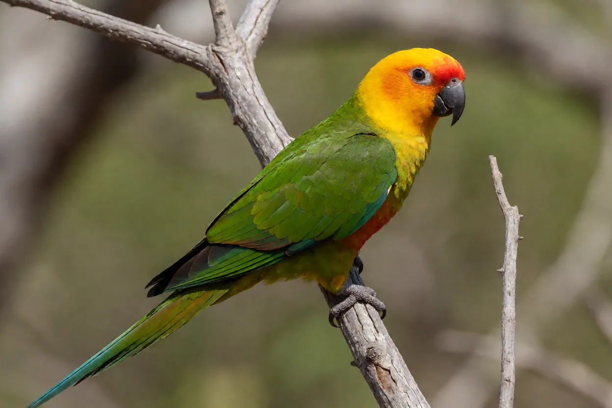 Periquito-de-cabeça-amarela adulto pousado em galho seco da Caatinga mostrando cabeça amarela com testa laranja