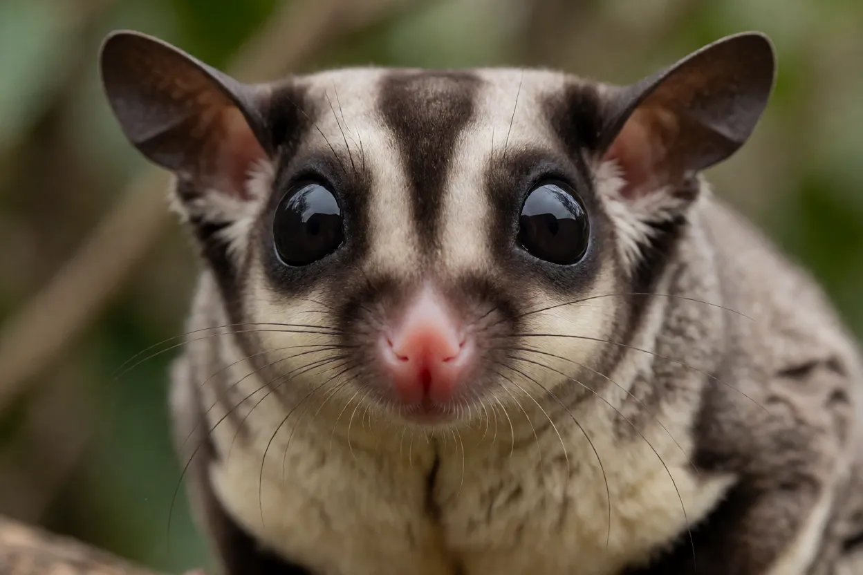 Rosto do petauro-do-açúcar em close mostrando olhos grandes e focinho
