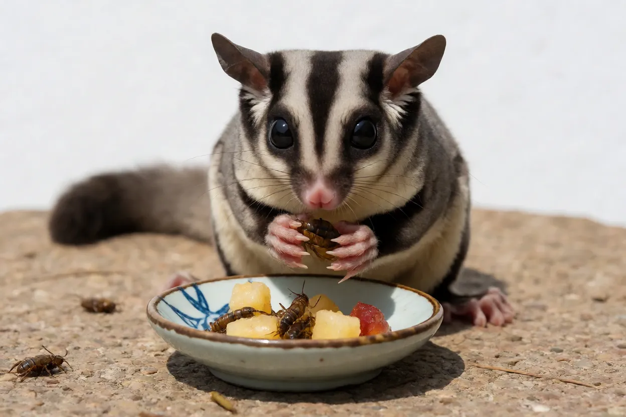 Petauro-do-açúcar se alimentando de insetos e frutas